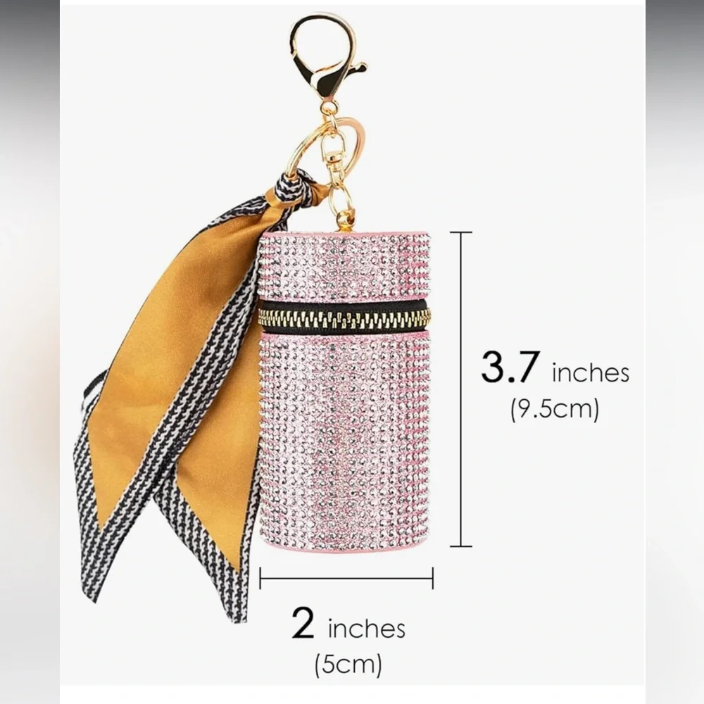 2 Pack Lipstick Case Keychain, Leather Diamond Lip Gloss Holder,